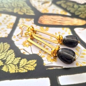 Modern Gold and Black Dangle Earrings with Geometric Design And Black Drop